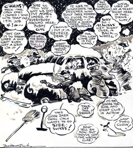 Cartoon of woman stuck in a car in a blizzard c1944